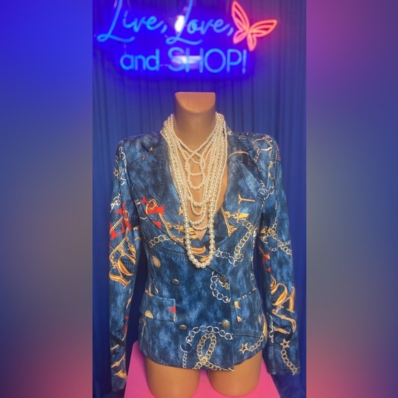 2 Piece: Vintage Style Blue w/Gold Chainlink “You Only” Print, NWOT - Picture 3 of 12
